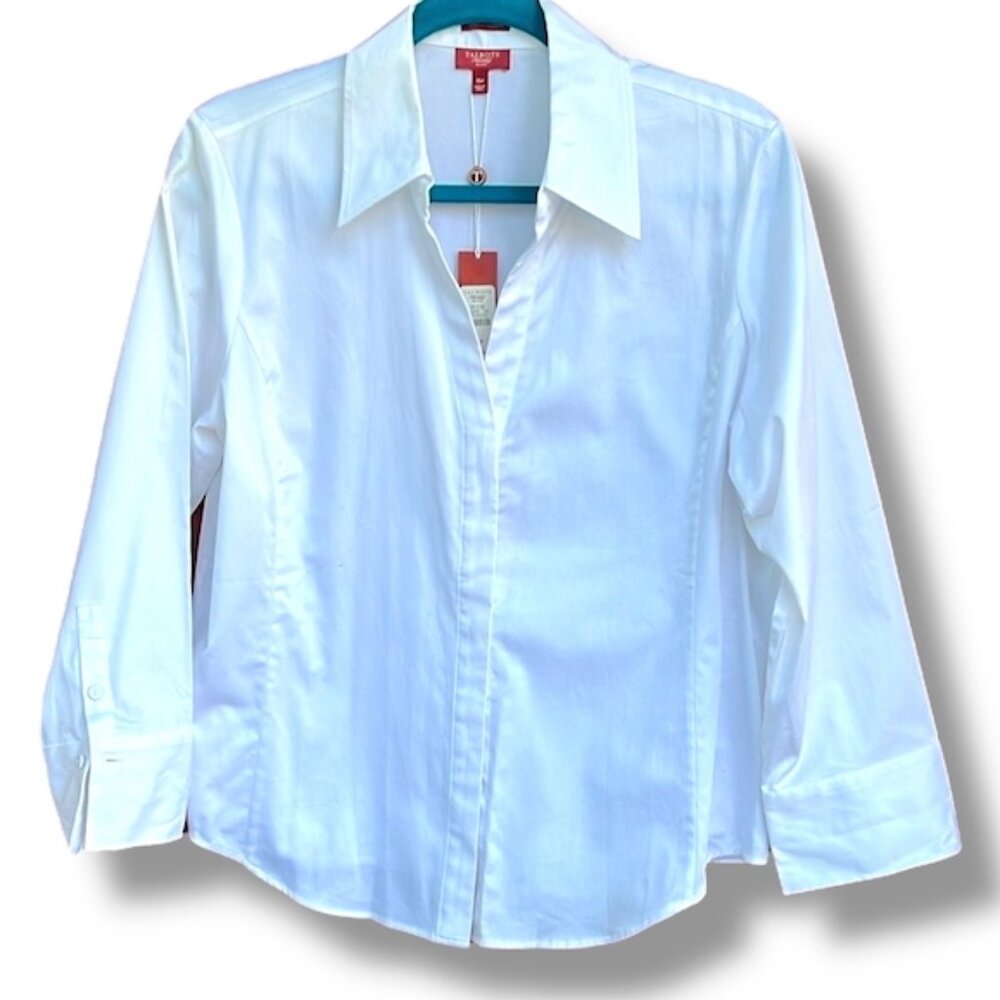 Talbots White Fitted 3/4 Sleeve Button Down Shirt